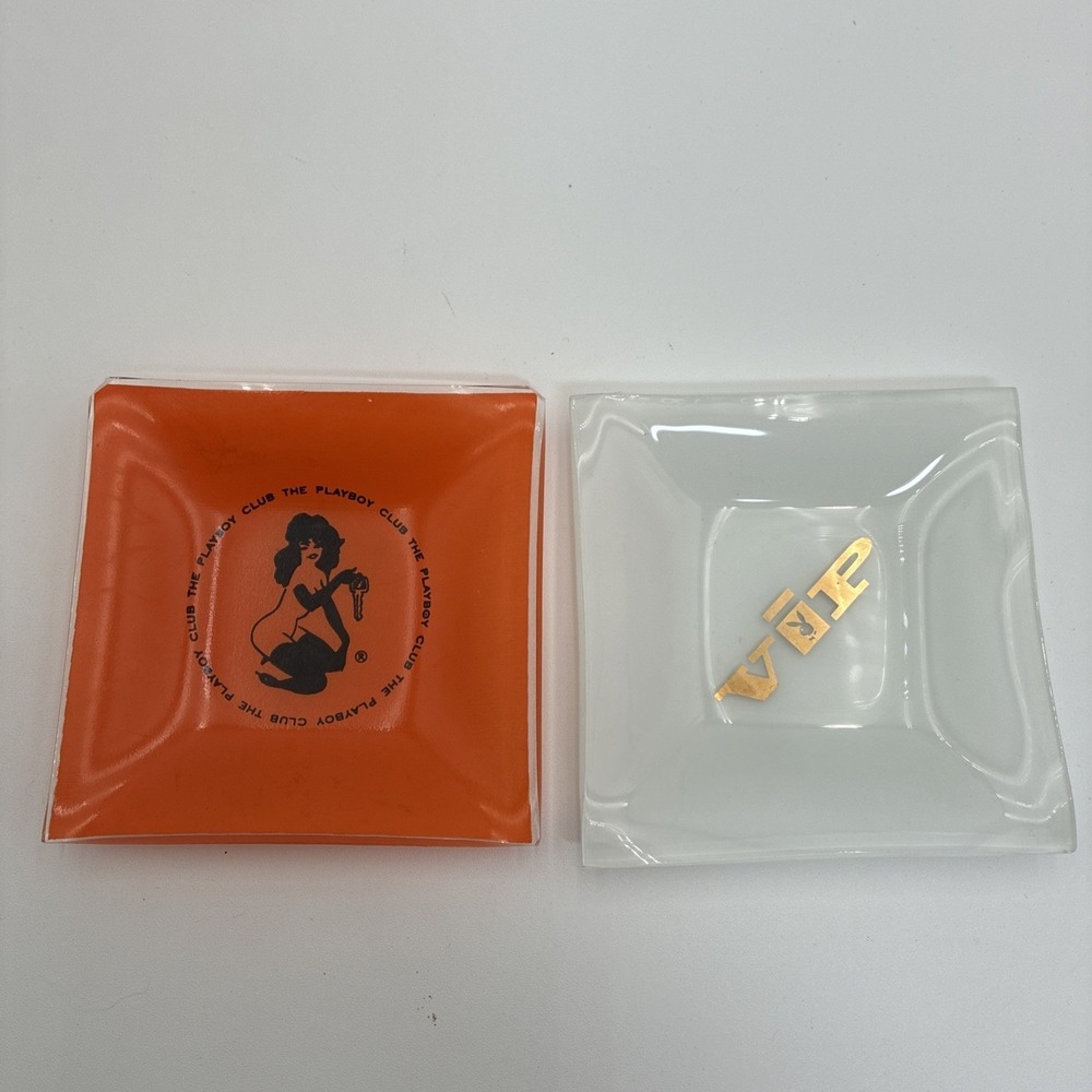Vintage Playboy Club Glass Trinket Dish Set Orange Key Bunny White Gold VIP Logo